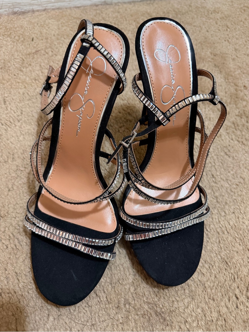 Jessica Simpson Black Strappy Heels with Silver Rhinestone Trim